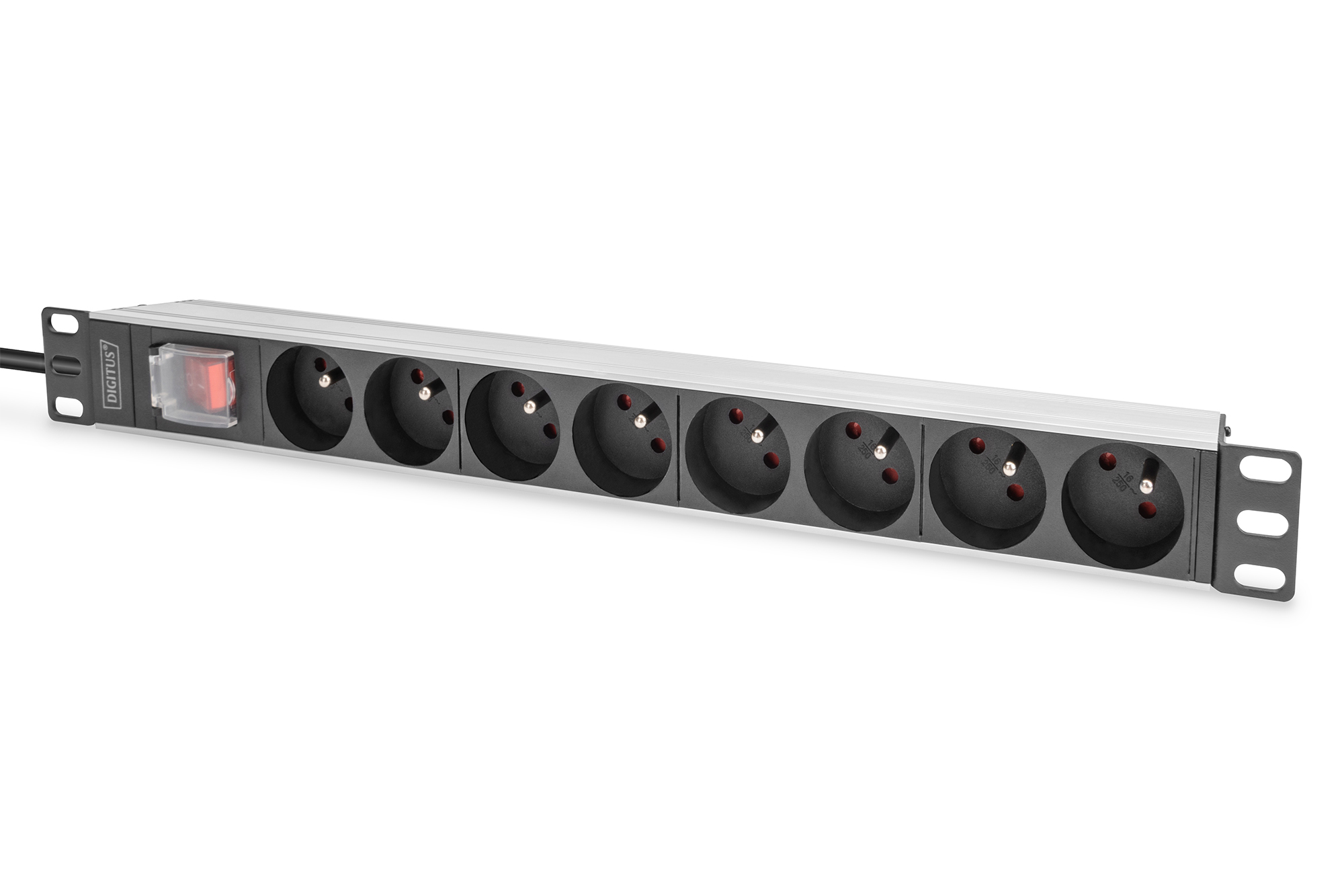Meervoudige wandcontactdoos met aluminium profiel en schakelaar, 8-voudig CEE 7/5, 2 m voedingskabel met geaarde contactstekker