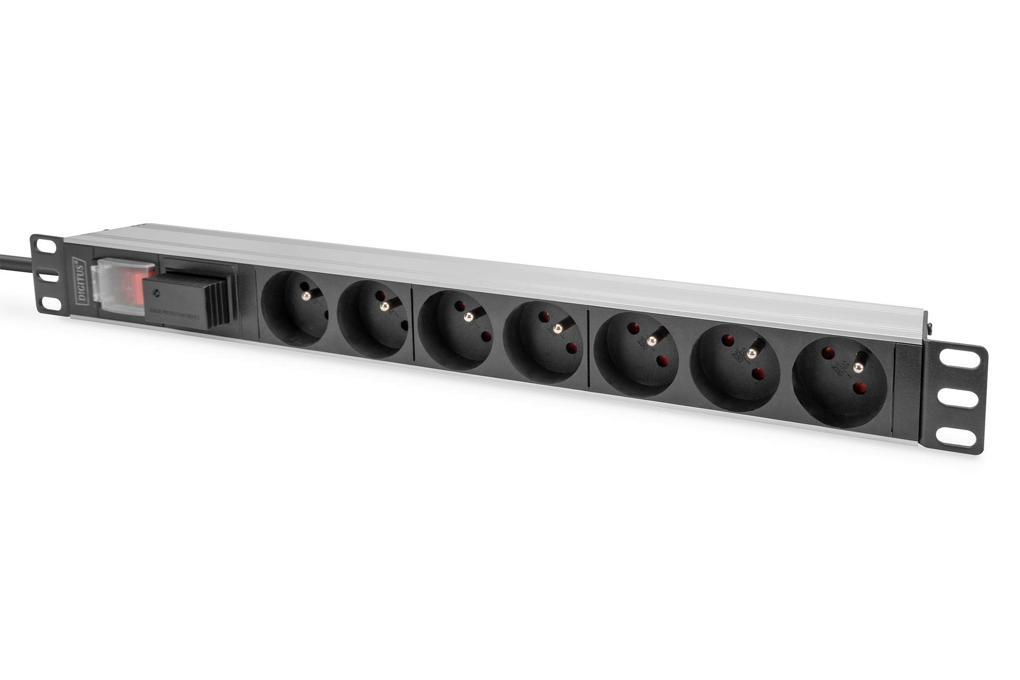 Meervoudige wandcontactdoos met aluminium profiel, overspanningsbeveiliging en schakelaar, 7-voudige CEE 7/5 stopcontacten, 2 m voedingskabel