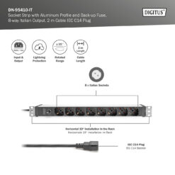 Contactdoos met aluminium profiel en back-up zekering, Italiaanse 8-voudige contactdoos, 2 m voedingskabel IEC C14-stekker - Afbeelding 5