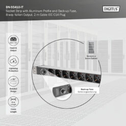 Contactdoos met aluminium profiel en back-up zekering, Italiaanse 8-voudige contactdoos, 2 m voedingskabel IEC C14-stekker - Afbeelding 6