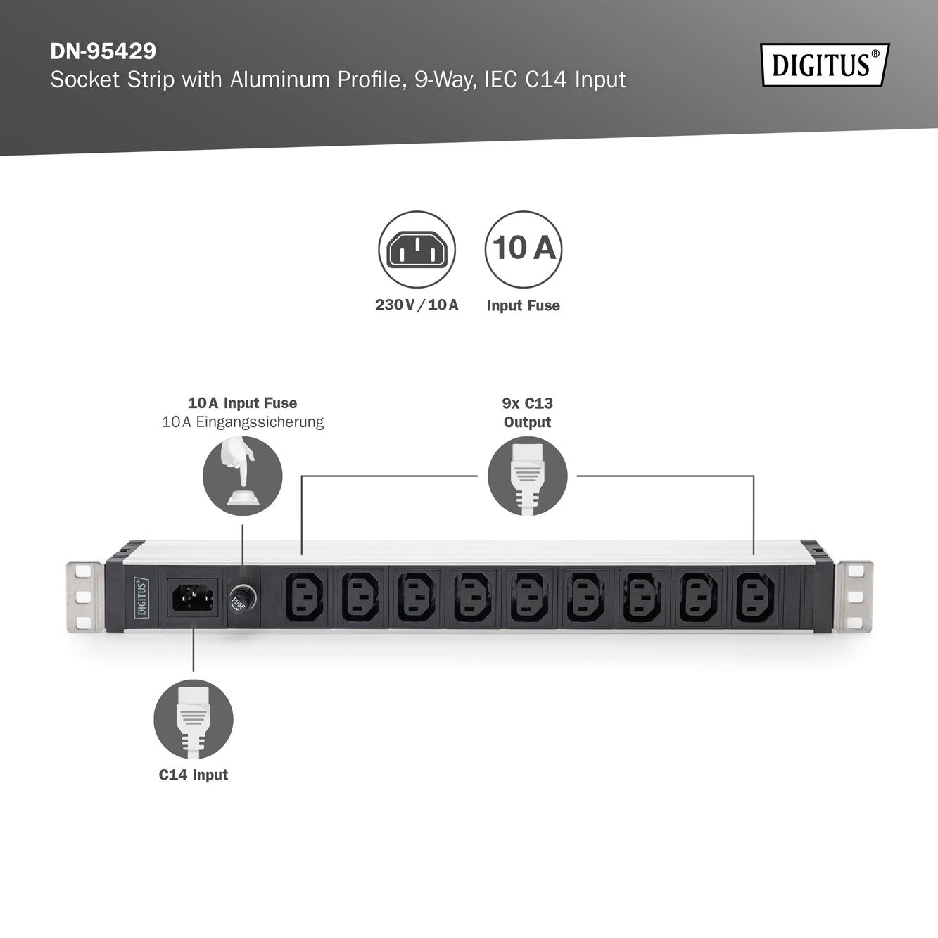 Contactdoos met aluminium profiel, 9-voudig, IEC C14-ingang - Afbeelding 6