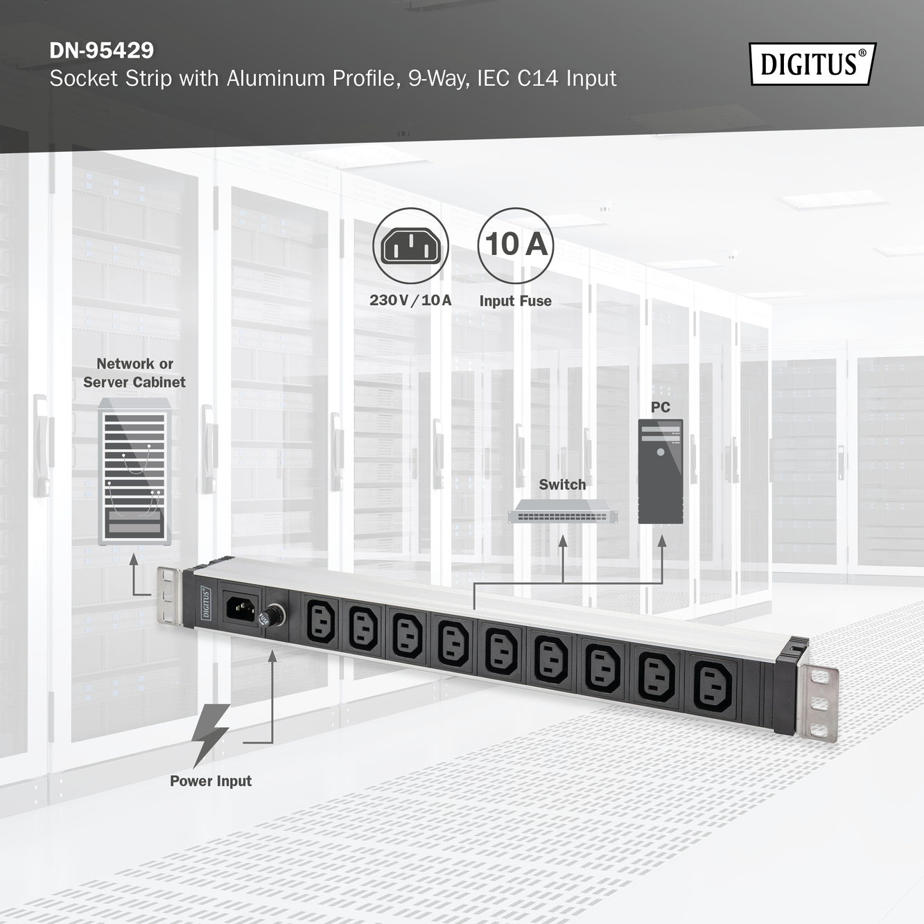 Contactdoos met aluminium profiel, 9-voudig, IEC C14-ingang - Afbeelding 5