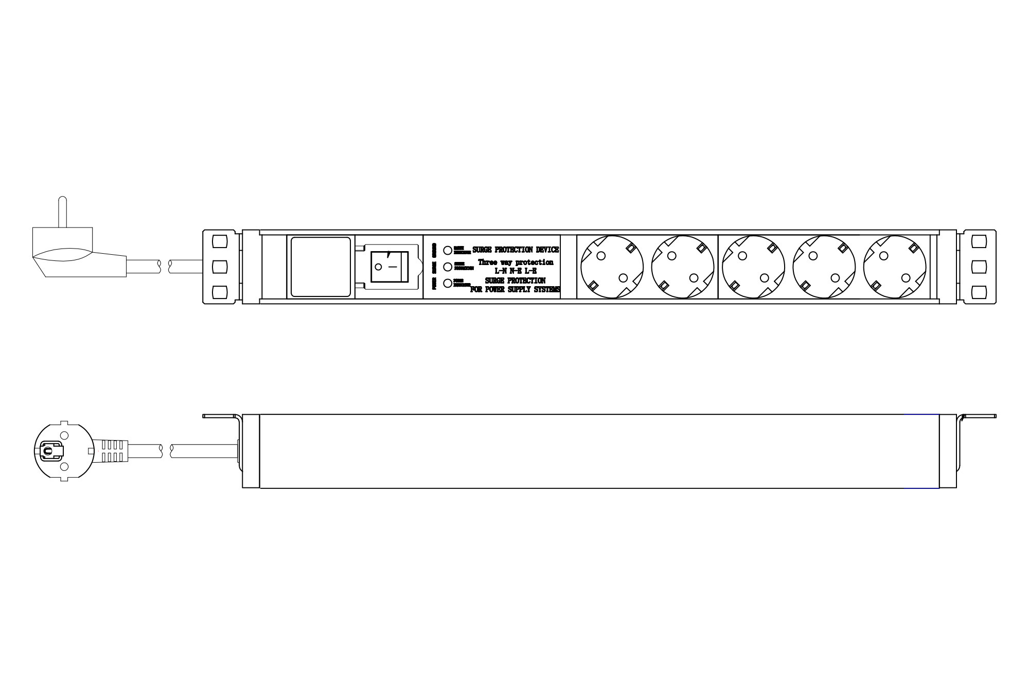 Meervoudige wandcontactdoos met aluminium profiel en schakelaar, overspanningsbeveiliging, geïntegreerd netfilter, 5-voudige wandcontactdoos met randaarde, 2 m voedingskabel met randaardestekker - Afbeelding 7