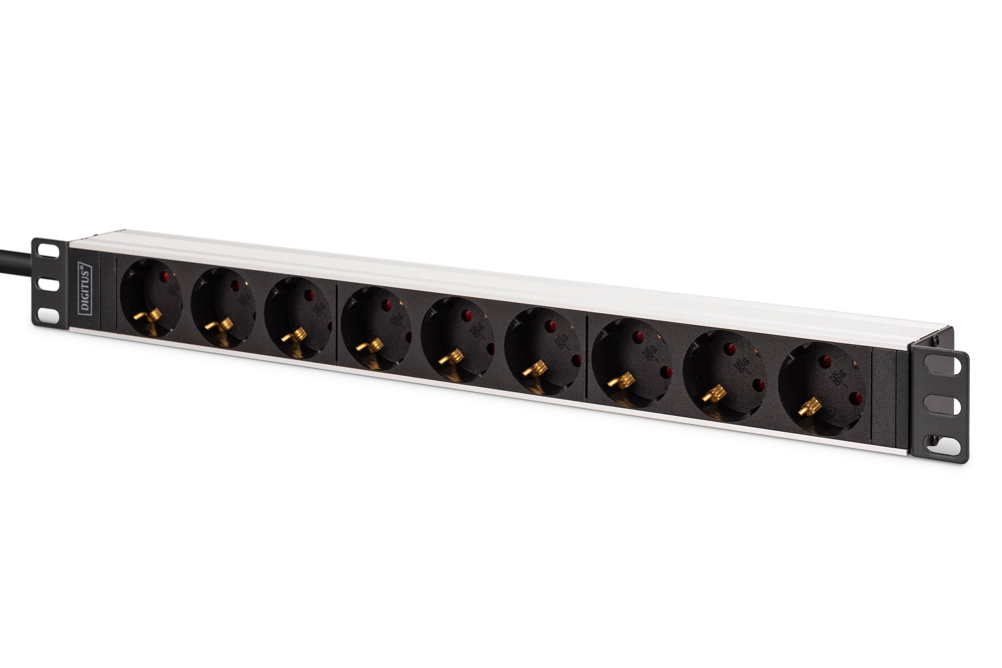 Meervoudige wandcontactdoos met aluminium profiel, 9-voudige wandcontactdoos met aardingscontact, 2 m voedingskabel, IEC C20 stekker