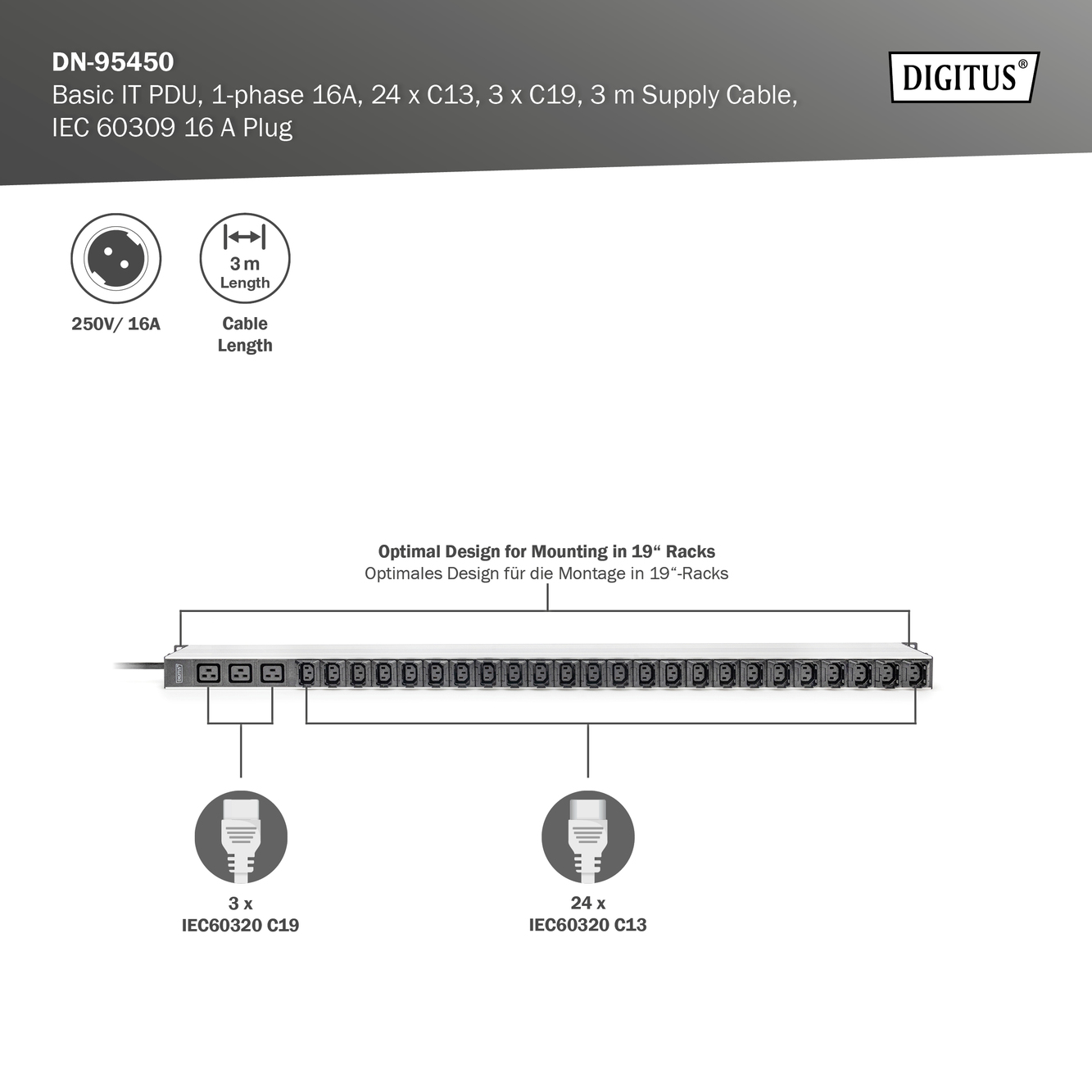 Basis IT PDU, 1-fase 16 A, 24 x C13, 3 x C19, 3 m voedingskabel, IEC 60309 16 A stekker - Afbeelding 6