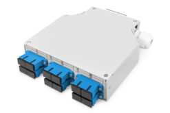 Glasvezel top-hat railbox, OS2, uitgerust, met SC-adapter en pigtail