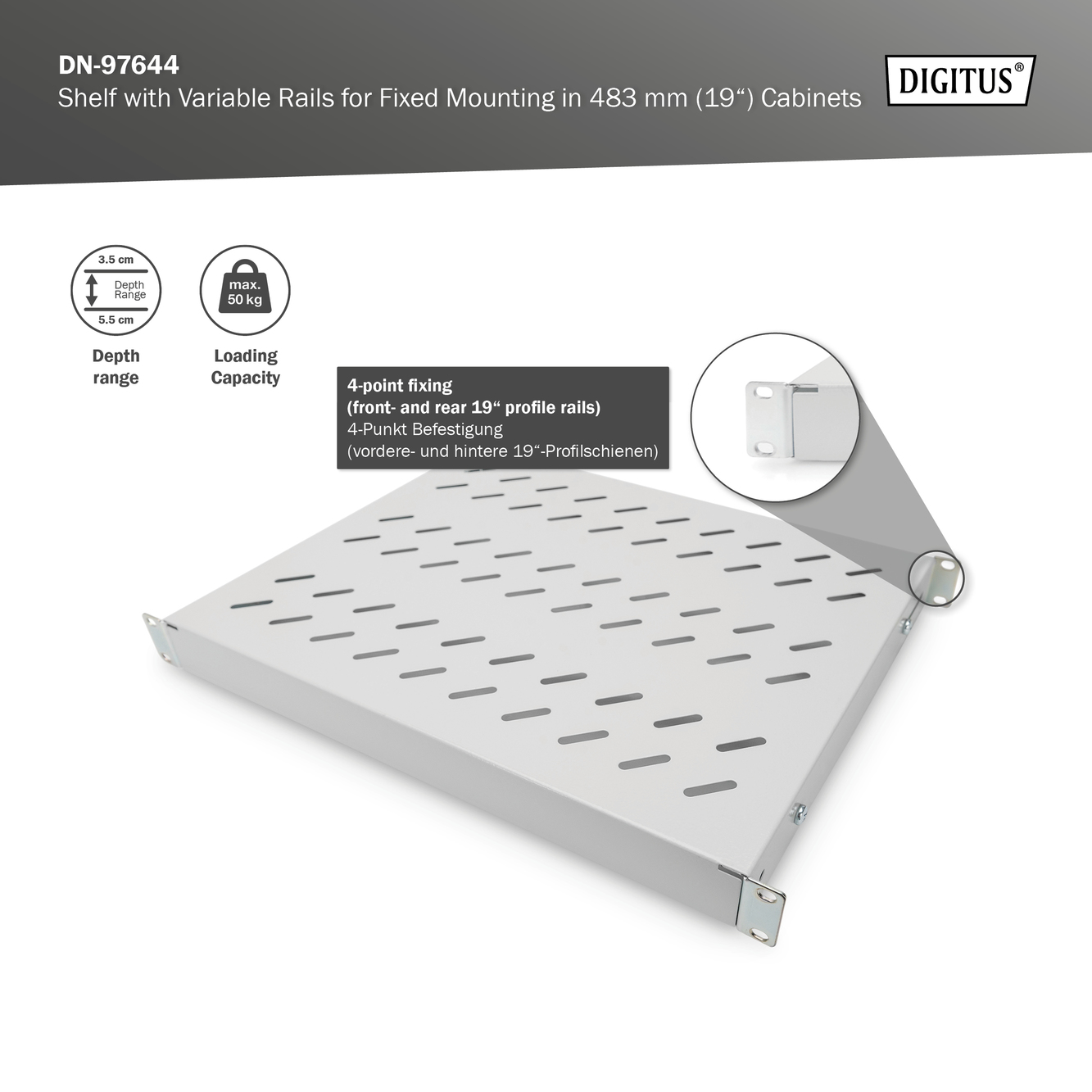 Legbord met variabele bevestigingsrails voor vaste inbouw in 483 mm (19") kasten - Afbeelding 5