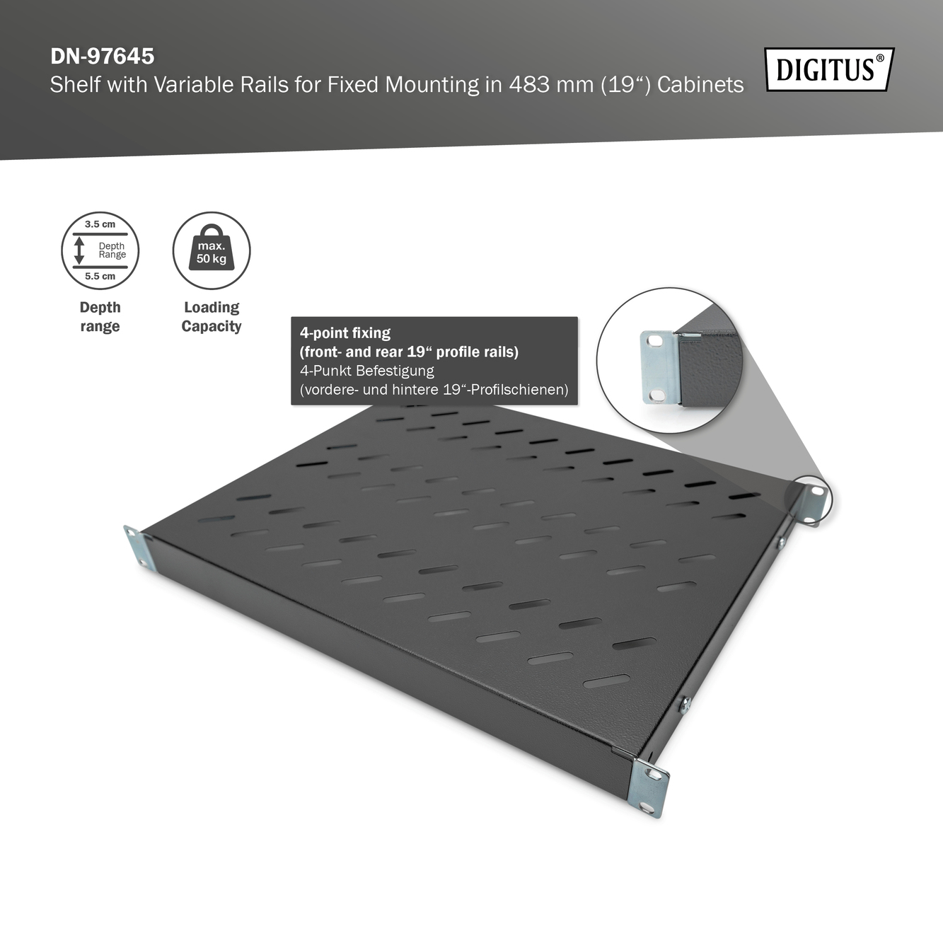 Legbord met variabele bevestigingsrails voor vaste inbouw in 483 mm (19") kasten - Afbeelding 5