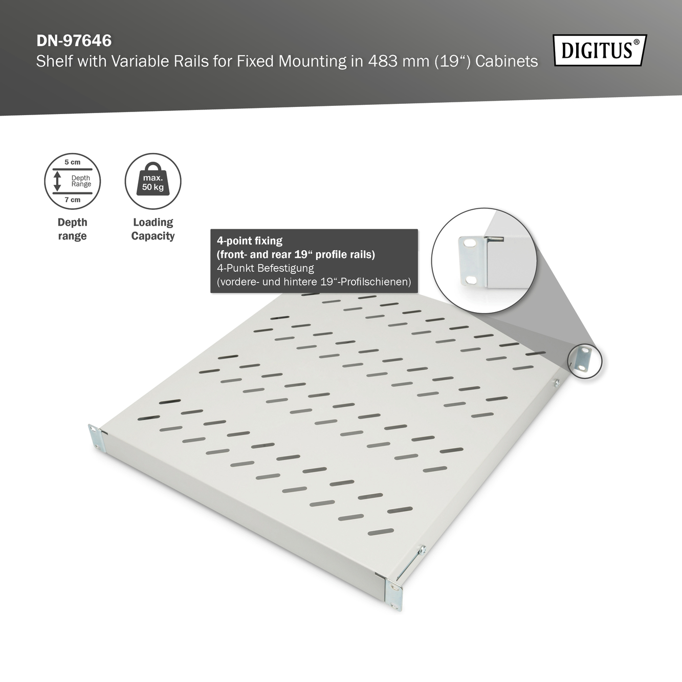Legbord met variabele bevestigingsrails voor vaste inbouw in 483 mm (19") kasten - Afbeelding 5