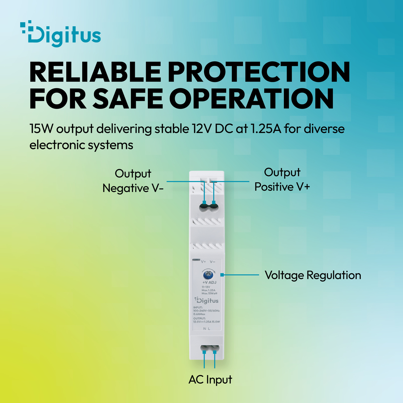 12V / 1,25A / 15W Step-Shape DIN-Rail Voeding (Ultra-Slim, Klasse II) - Afbeelding 8