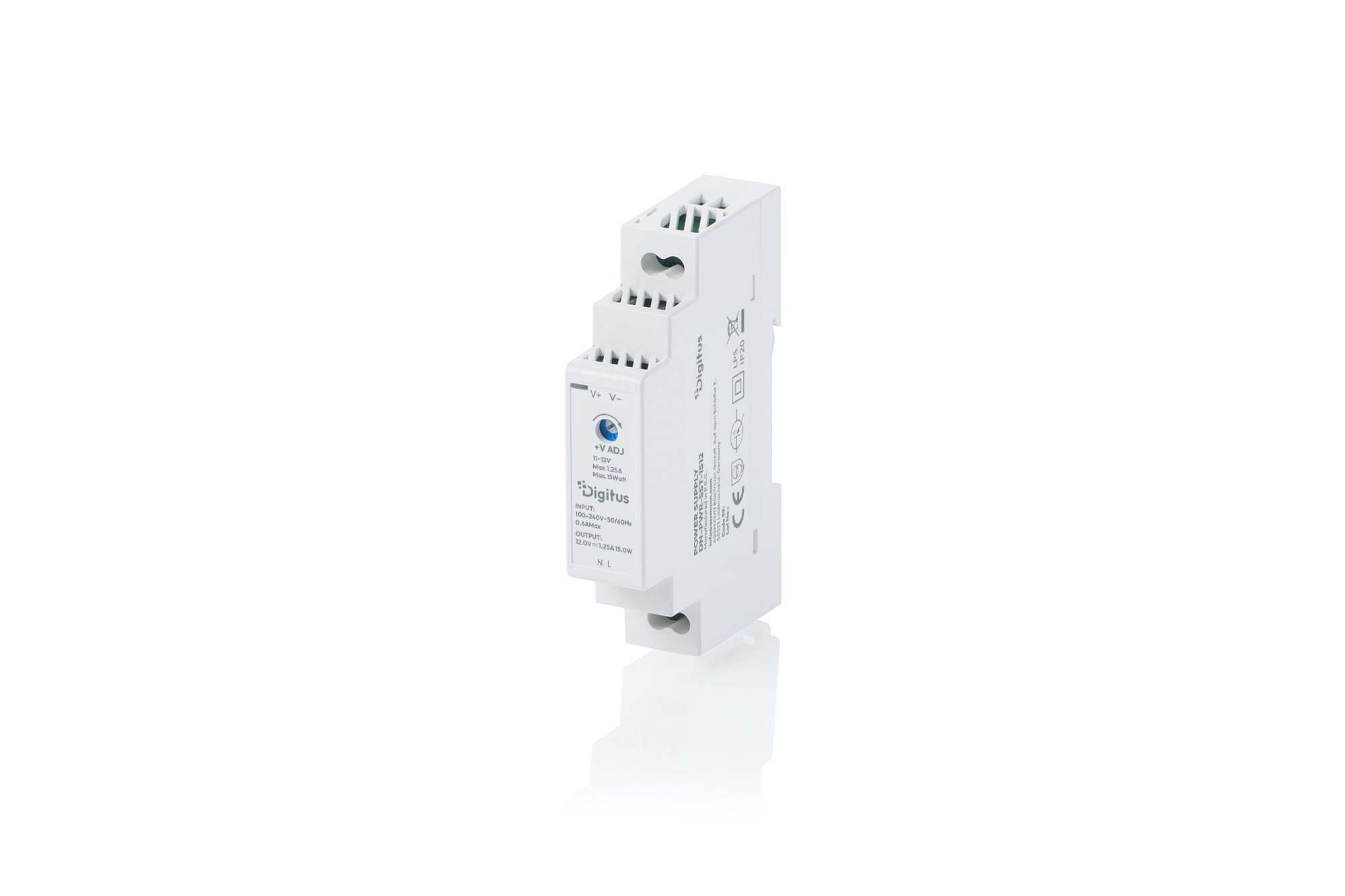 12V / 1,25A / 15W Step-Shape DIN-Rail Voeding (Ultra-Slim, Klasse II)