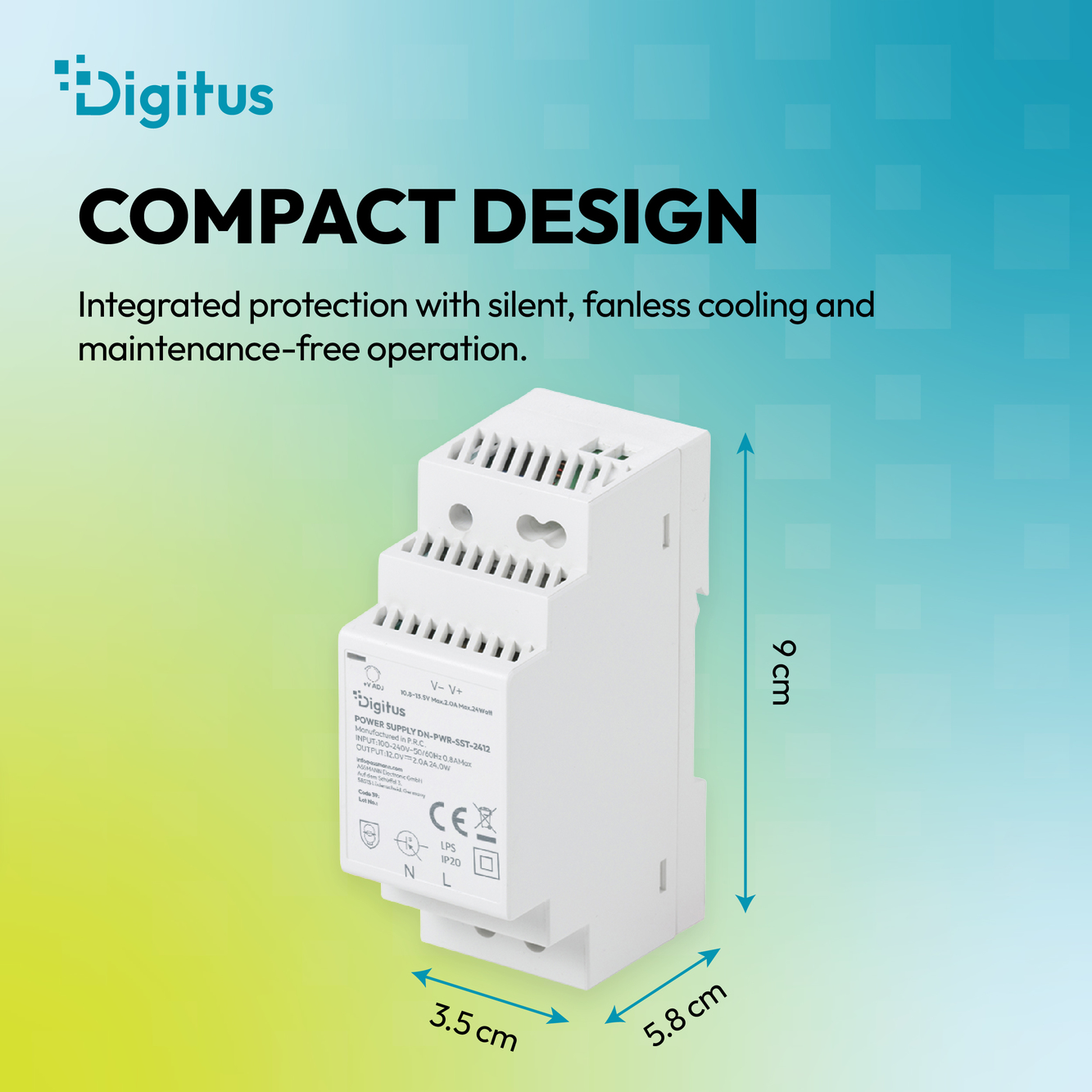 12V / 2A / 24W Step-Shape DIN-Rail voedingseenheid (Slim, Klasse II) - Afbeelding 6