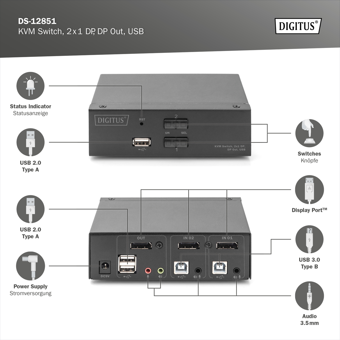 KVM-switch, 2x1 DP, DP Out,USB - Afbeelding 4