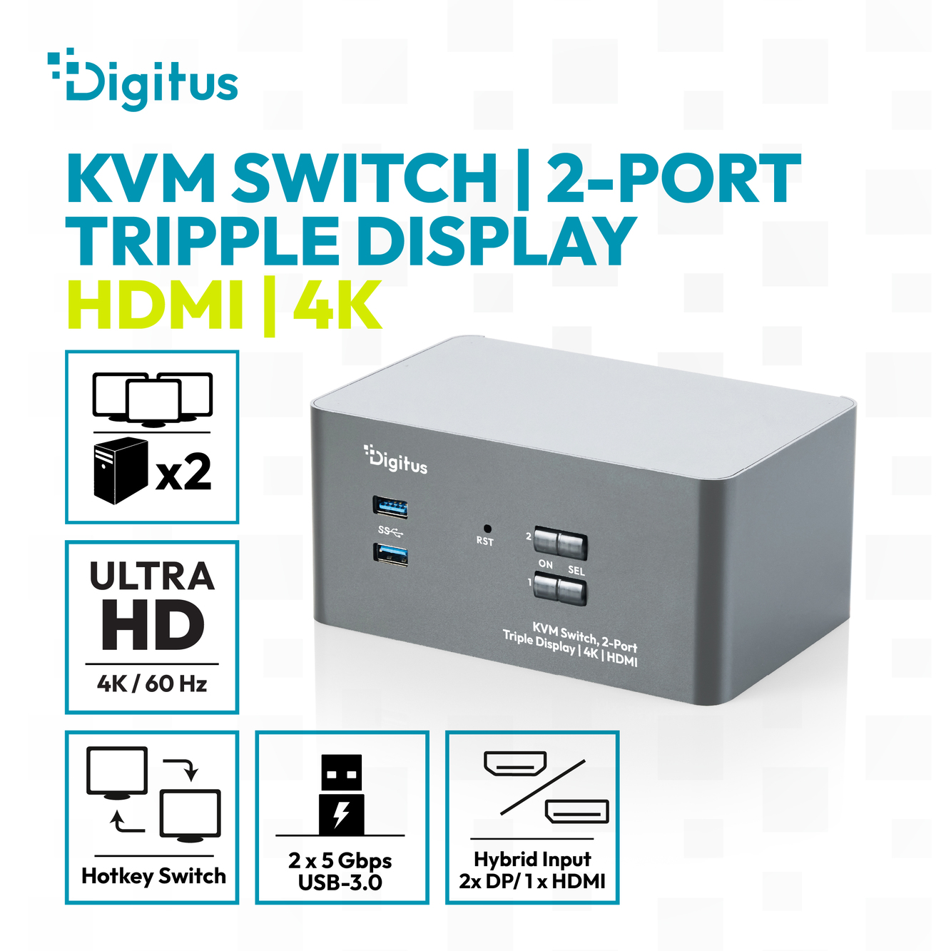 KVM-schakelaar, 2-poorts, drievoudig scherm, 4K, HDMI - Afbeelding 4