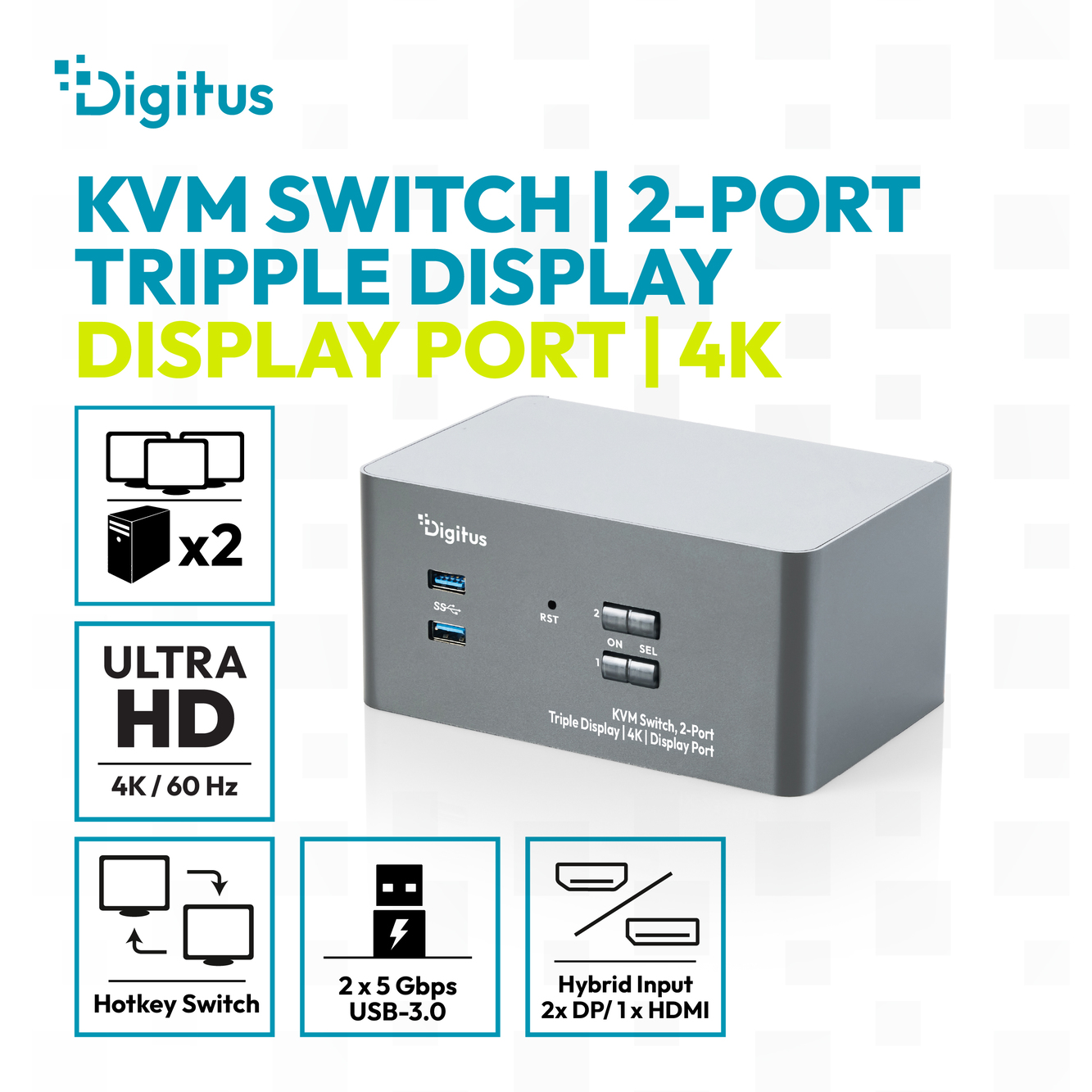 KVM-switch, 2-poorts, drievoudig scherm, 4K, DisplayPort - Afbeelding 4