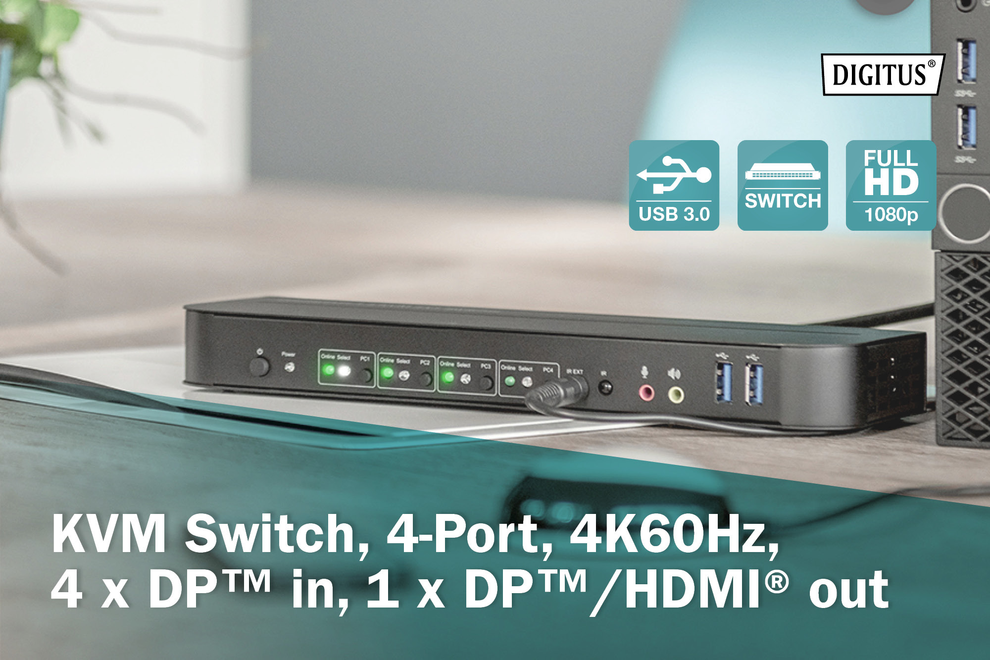 KVM-switch, 4-poorts, 4K60Hz, 4 x DP in, 1 x DP/HDMI uit - Afbeelding 8