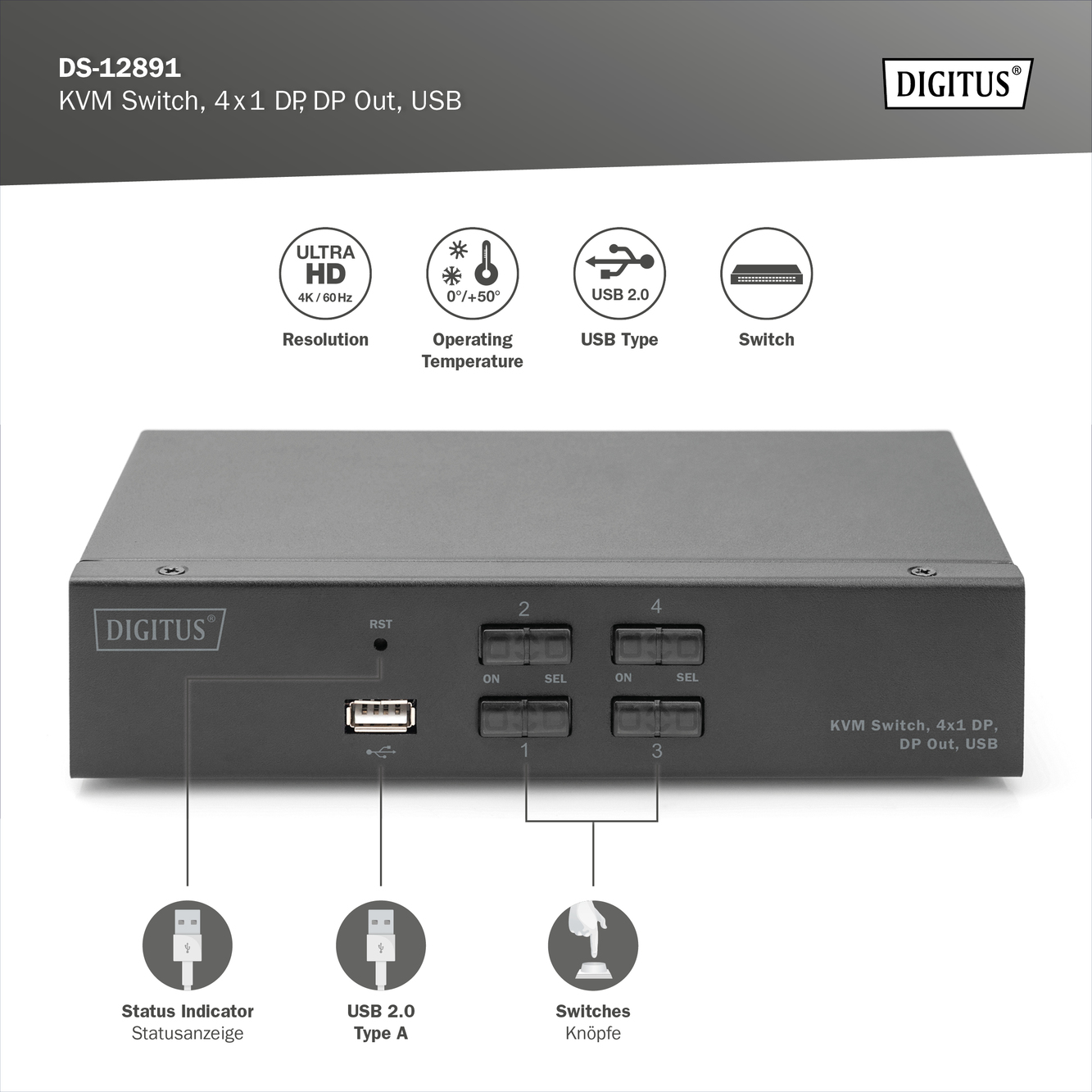 KVM-schakelaar, 4x1 DP, DP-uit, USB - Afbeelding 4