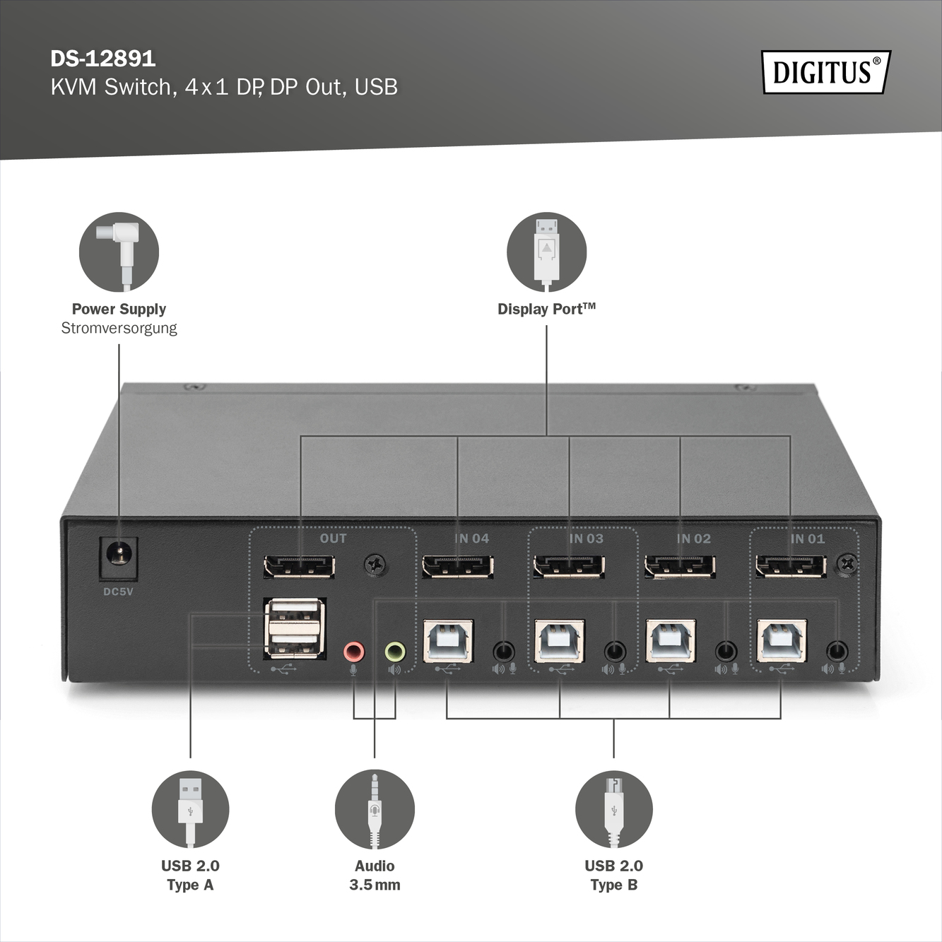 KVM-schakelaar, 4x1 DP, DP-uit, USB - Afbeelding 5