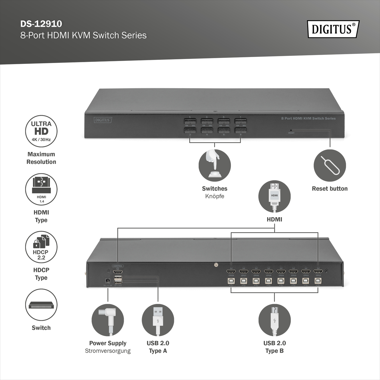 Desktop 8-poorts HDMI KVM Switch Single View - Afbeelding 5