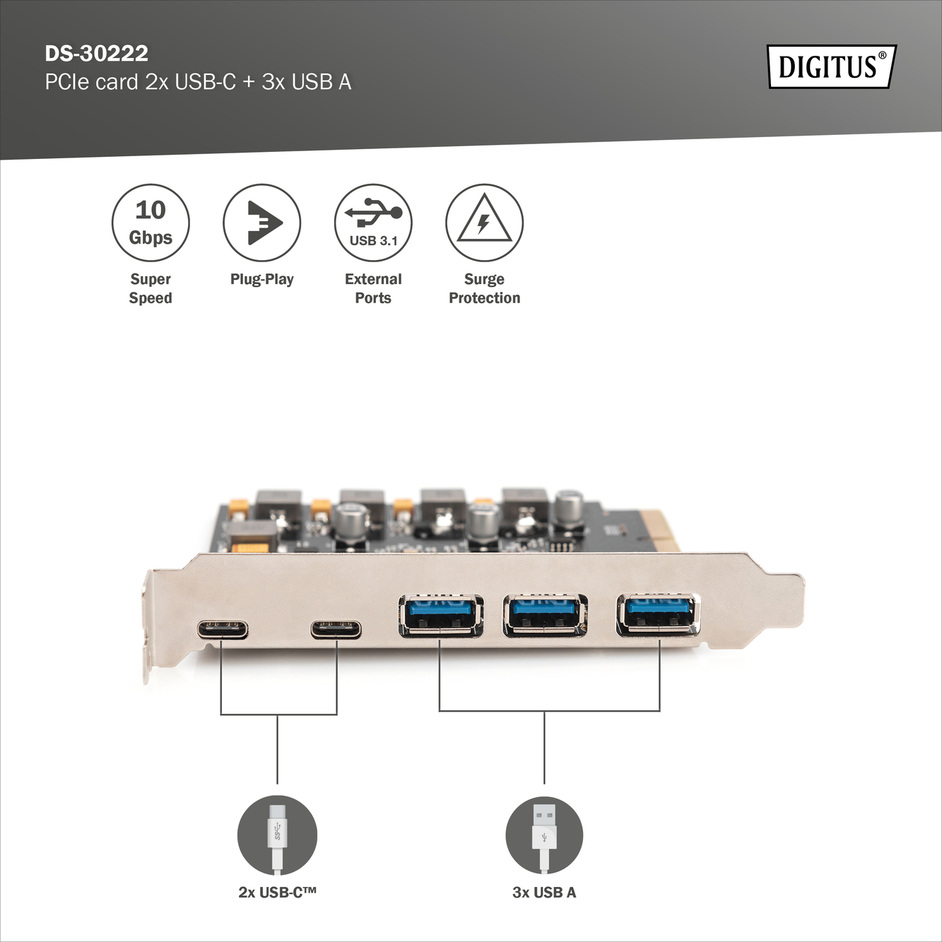 PCIe-kaart 2x USB-C + 3x USB-A - Afbeelding 5