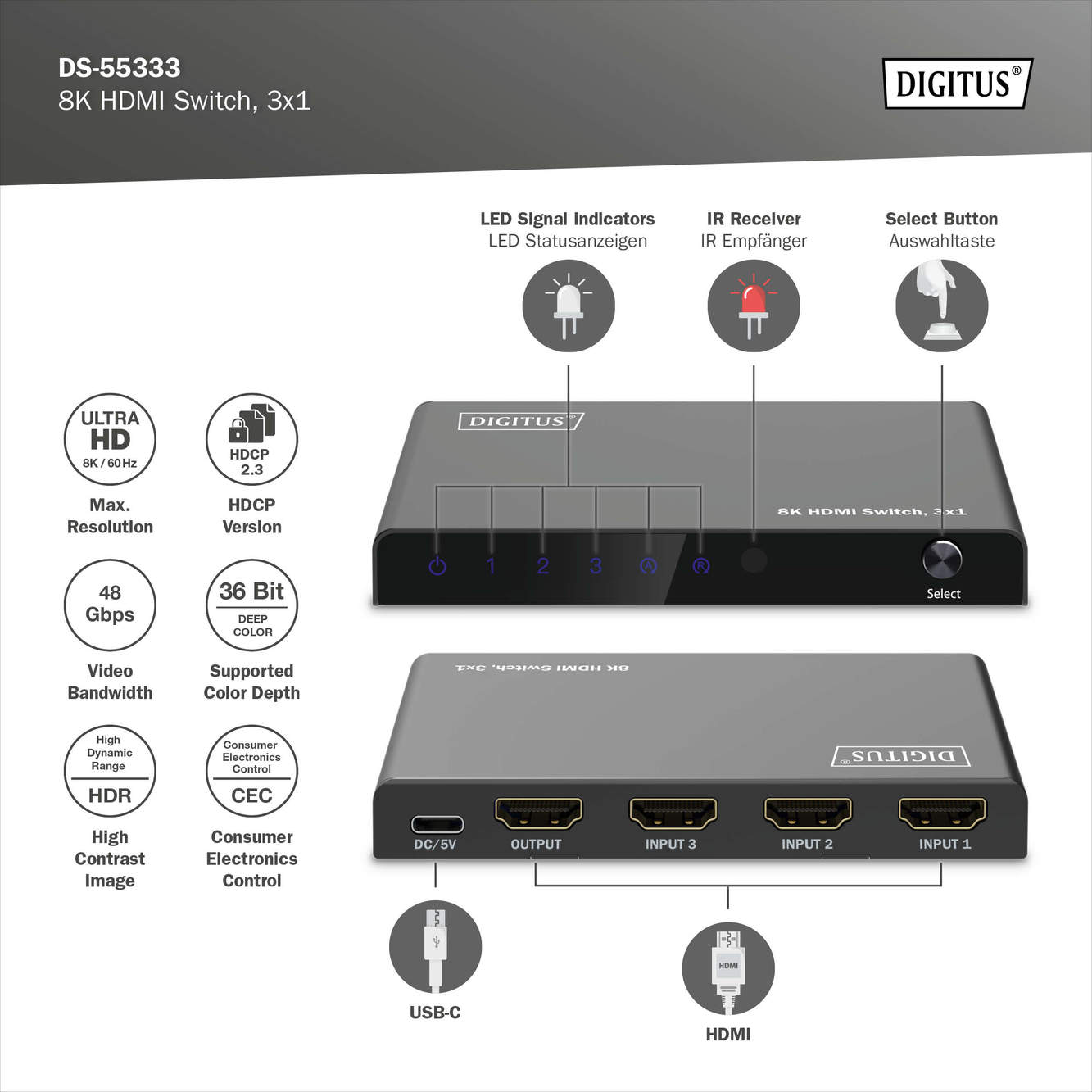 8K HDMI-Switch, 3x1 - Afbeelding 5