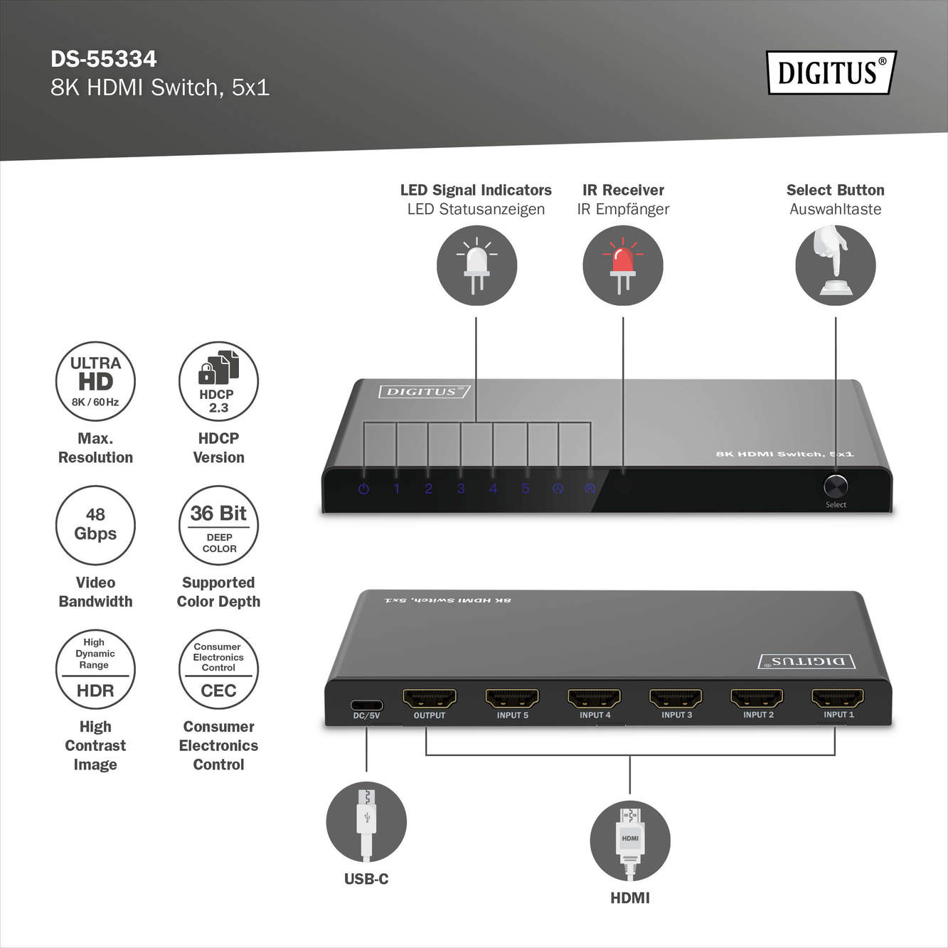 8K HDMI-Switch, 5x1 - Afbeelding 5
