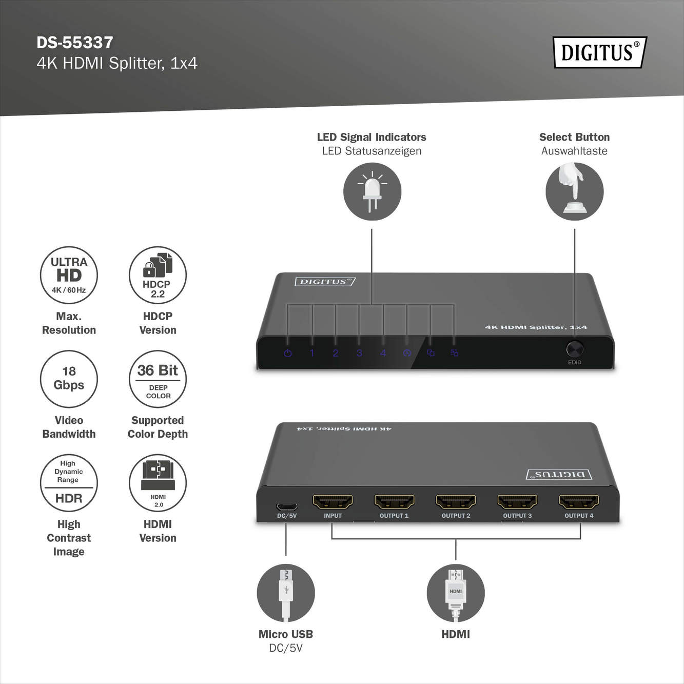 4K HDMI-splitter, 1x4 - Afbeelding 5