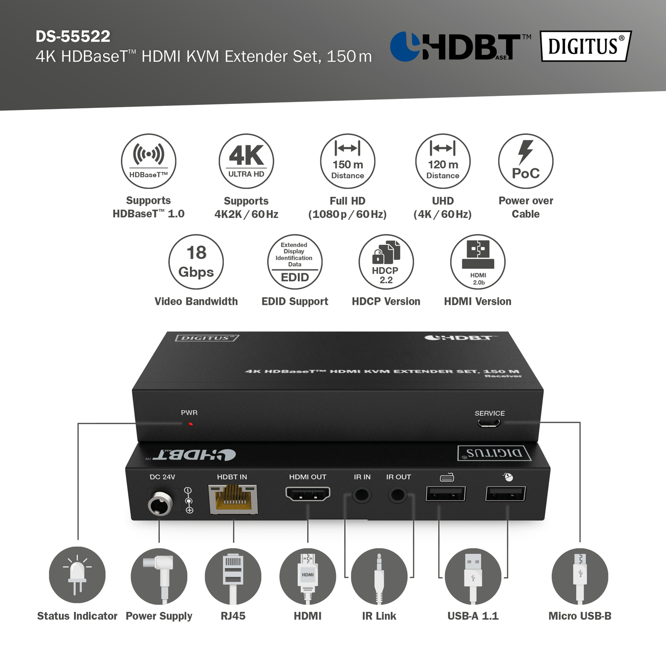 4K HDBaseT™ HDMI KVM-extenderset, 150 m - Afbeelding 6