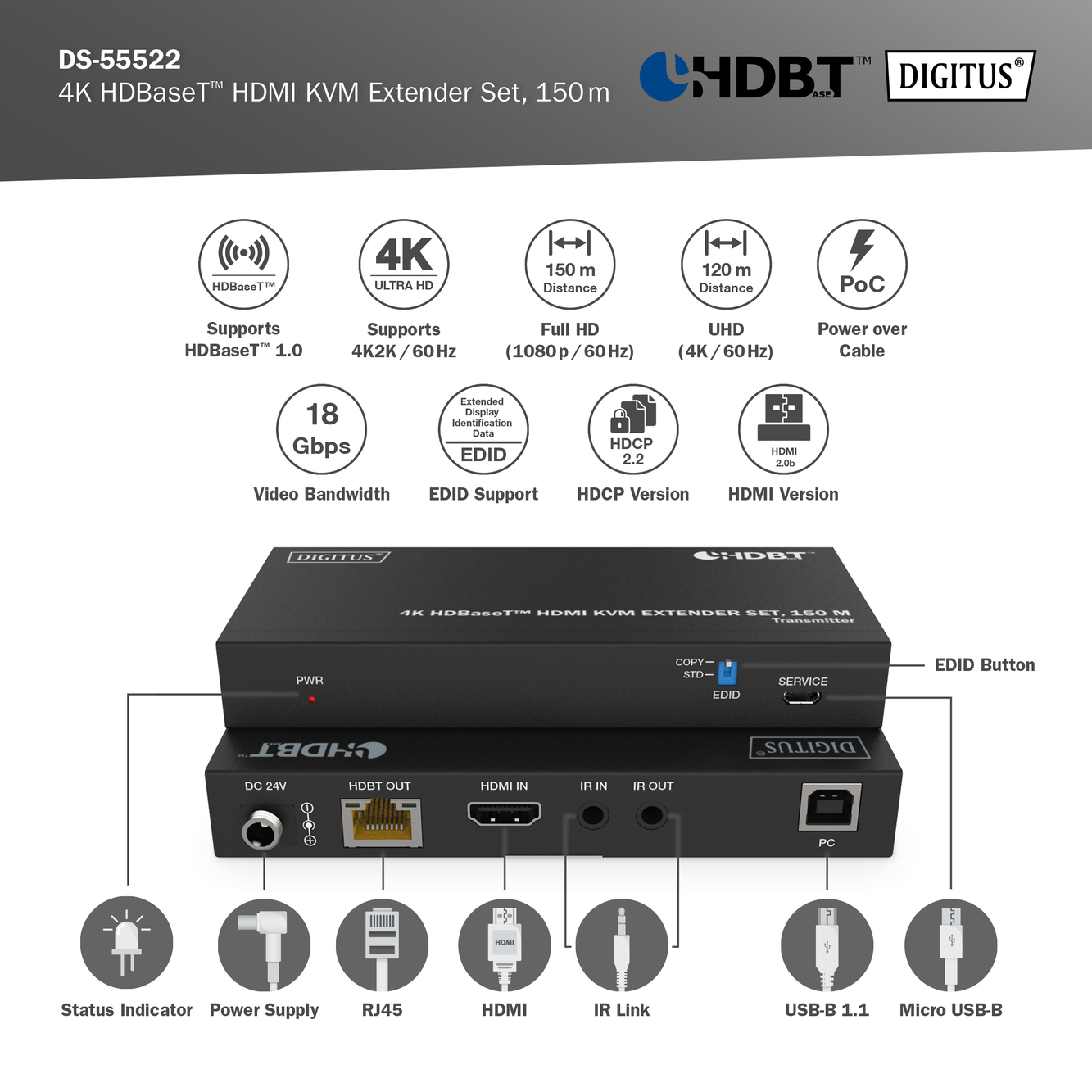4K HDBaseT™ HDMI KVM-extenderset, 150 m - Afbeelding 5