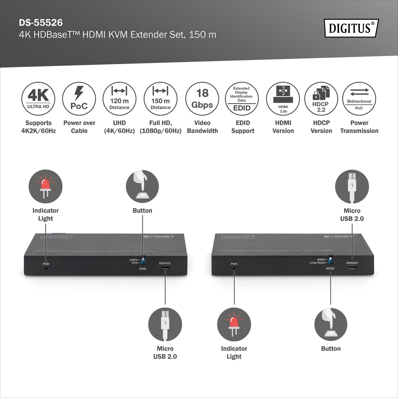 4K HDBaseT™ 2.0 HDMI KVM-extenderset, 150 m - Afbeelding 5