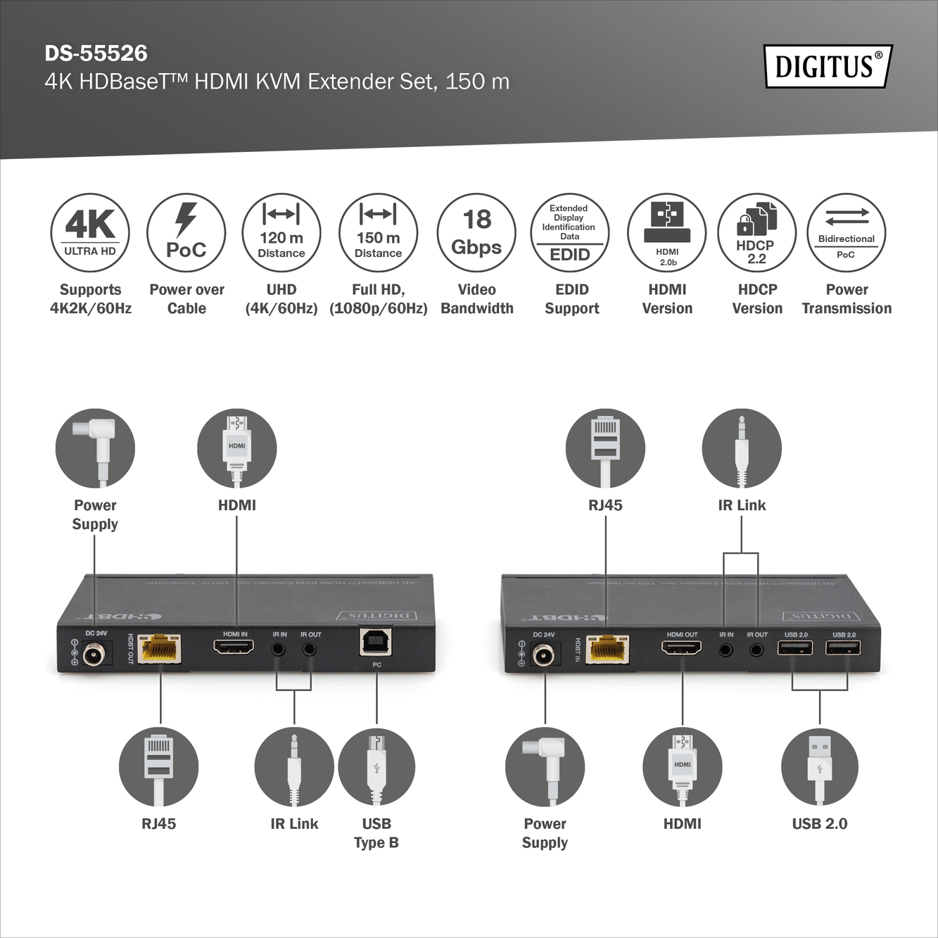 4K HDBaseT™ 2.0 HDMI KVM-extenderset, 150 m - Afbeelding 6