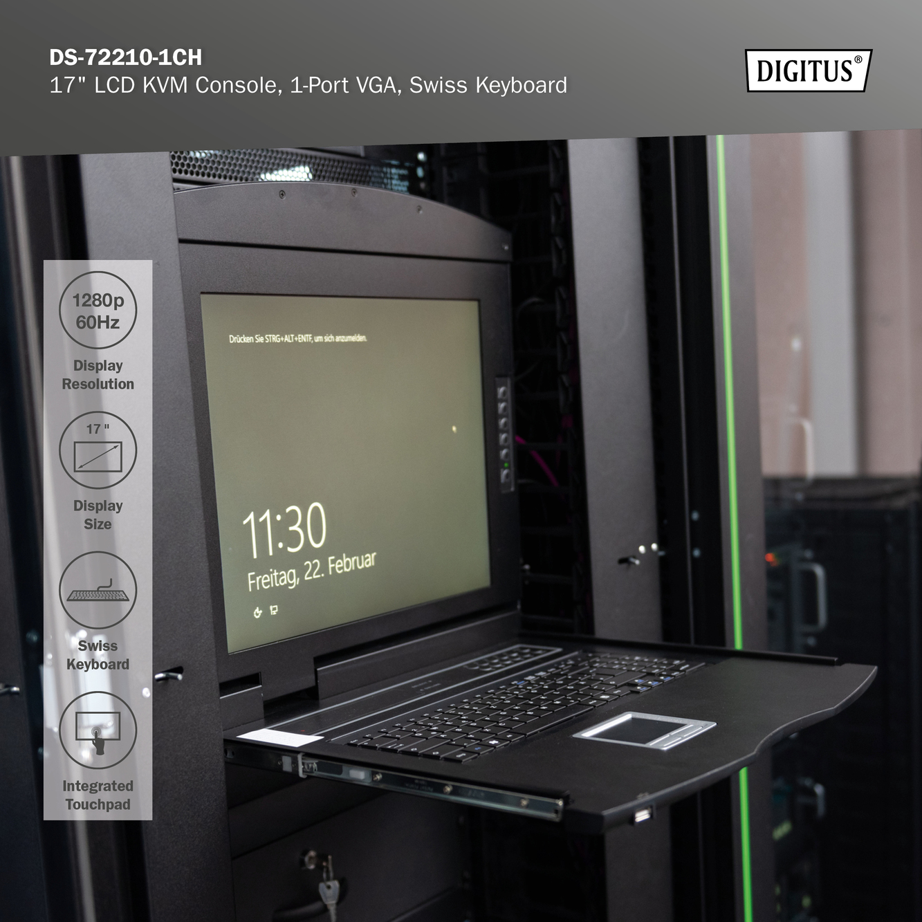 Modulaire console met 17-inch TFT (43,2 cm), 1-poorts KVM & touchpad, Zwitsers toetsenbord - Afbeelding 7