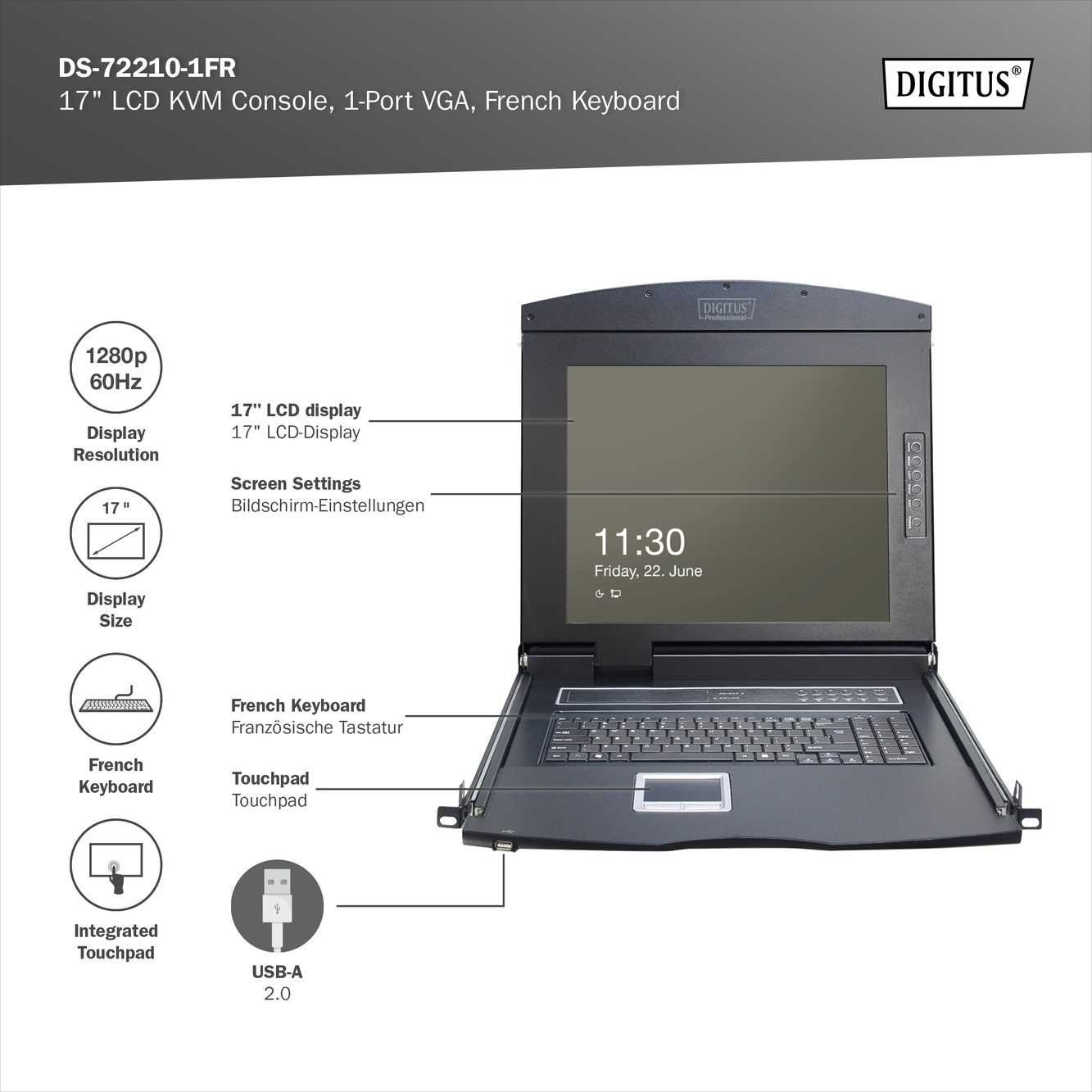 Modulaire console met 17-inch TFT (43,2 cm), 1-poorts KVM & touchpad, Frans toetsenbord - Afbeelding 9