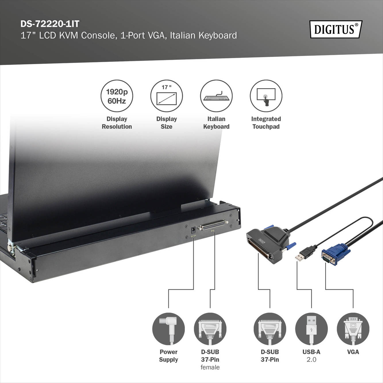 Modulaire HD LCD KVM-console met 17" TFT, 1-poorts VGA KVM-aansluiting, touchpad, Italiaanse toetsenbordindeling - Afbeelding 8
