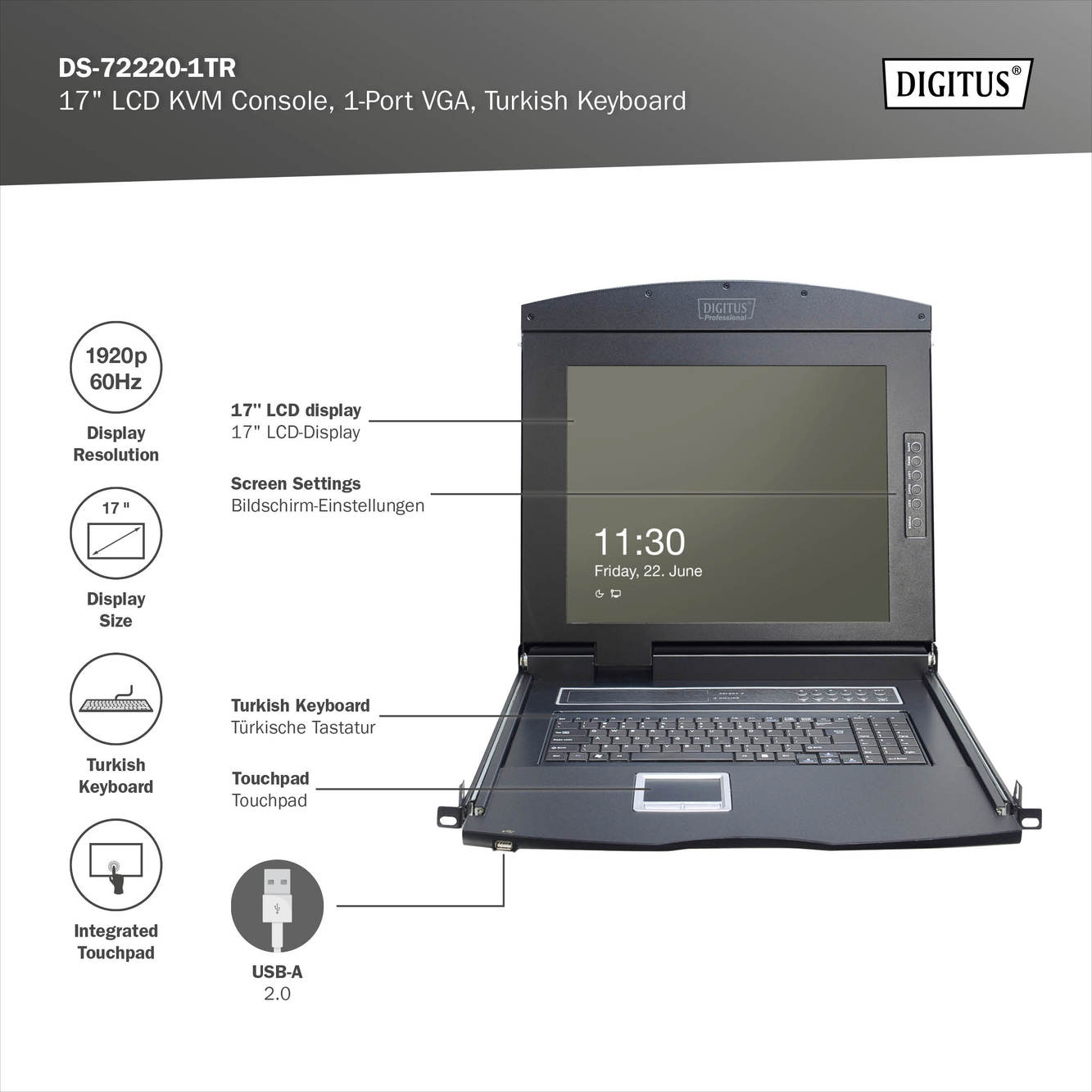 Modulaire HD LCD KVM-console met 17" TFT, 1-poorts VGA KVM-aansluiting, touchpad, Turkse toetsenbordindeling - Afbeelding 7